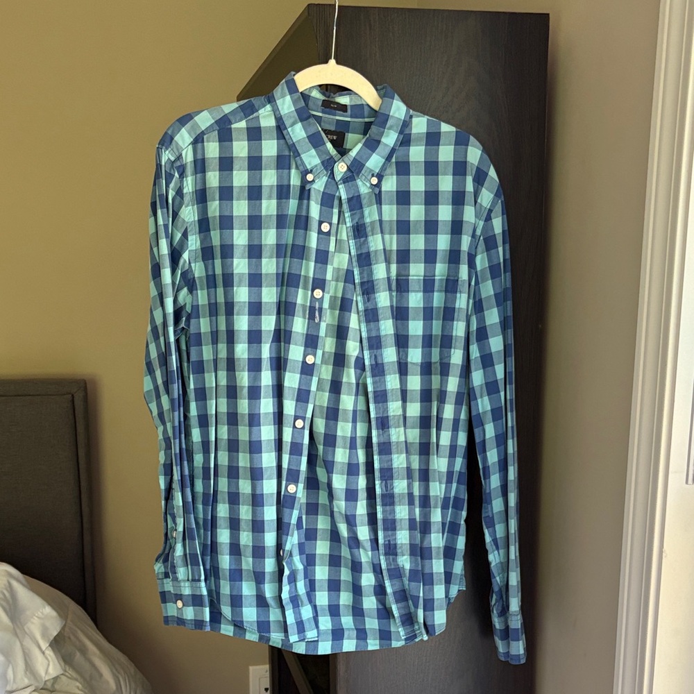 J. Crew Men's Blue and Green Checkered Button-Down Shirt